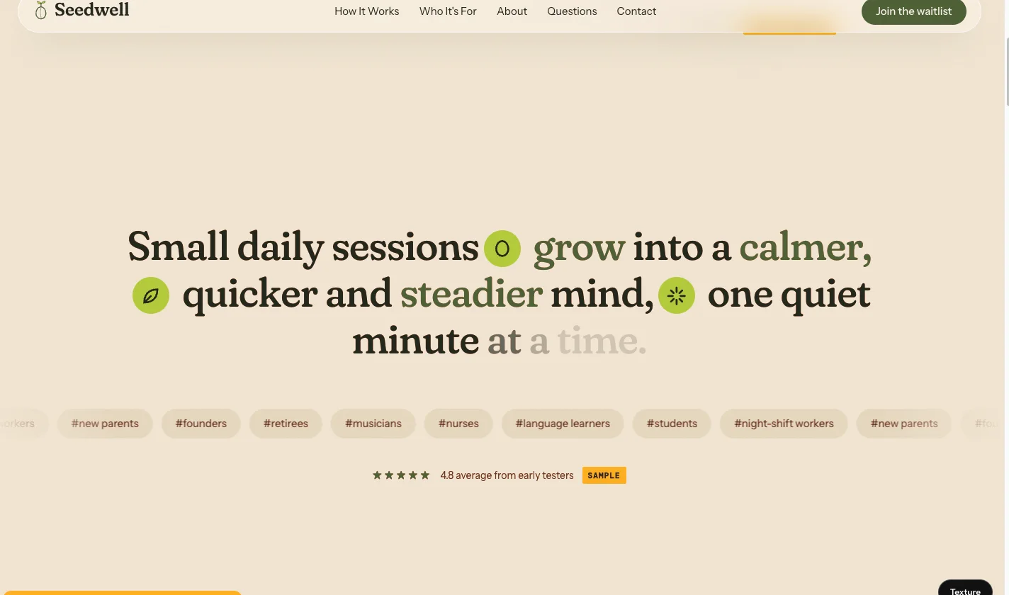 Home page of the Seedwell site.